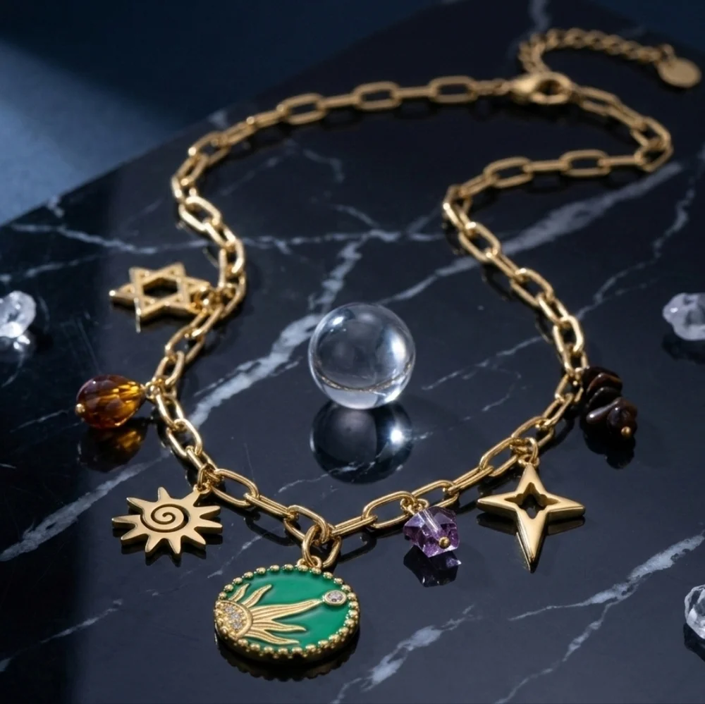 18K Gold Plated Boho Celestial Sun Star Charm Necklace 316L Stainless Steel